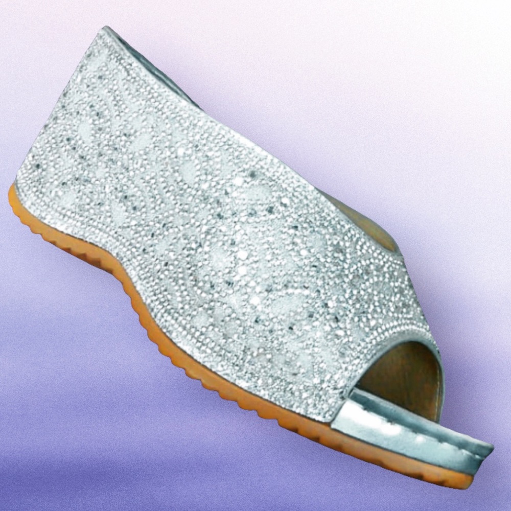 Restocked Italina Silver Metallic Rhinestone Embellished Wedge Heel Wedding Shoe